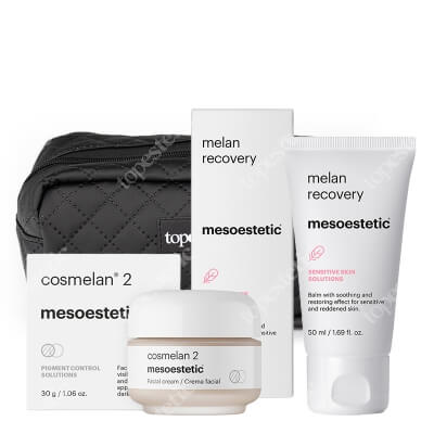 Mesoestetic Cosmelan 2 New + Melan Recovery New + Kosmetyczka Topestetic ZESTAW Krem na przebarwienia 30 g + Krem o silnych właściwościach natłuszczających oraz nawilżających 50 ml + Czarna, duża 1 szt