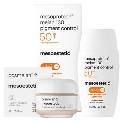 Mesoestetic Cosmelan 2 New + Mesoprotech Melan 130 SPF 50+ ZESTAW Krem na przebarwienia 30 g + Fluid koloryzujacy 50 ml