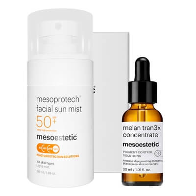 Mesoestetic Melan Tran3x + Mesoprotech Antiaging Facial Sun Mist ZESTAW Intensywny koncentrat o działaniu depigmentującym na noc 30 ml + Mgiełka do twarzy SPF 50+ 60 ml