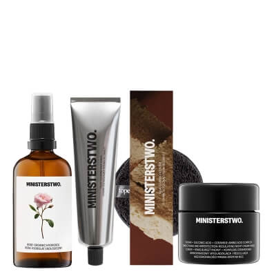 Ministerstwo Dobrego Mydła Cleansing Night Set ZESTAW Eko hydrolat różany 100 ml + Peeling do twarzy 120 ml + Wygładzająca maska-krem na noc 50 ml + Gąbka 1 szt