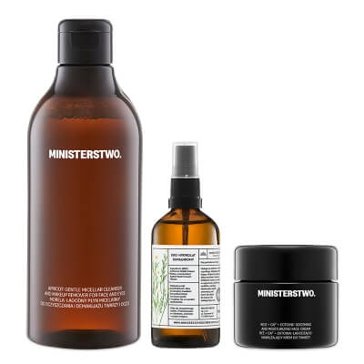 Ministerstwo Dobrego Mydła Morela + Rumianek + Ryż + Ektoina ZESTAW Łagodny płyn micelarny 400 ml + Eko hydrolat rumiankowy 100 ml + Łagodzący krem do twarzy 50 ml