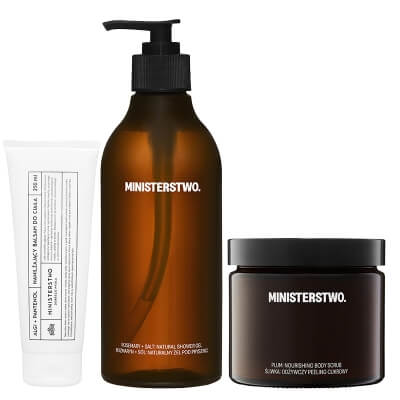 Ministerstwo Dobrego Mydła Rozmaryn + Sól + Śliwka + Algi+ Pantenol ZESTAW Żel pod prysznic 400 ml + Odżywczy peeling cukrowy 300 g + Nawilżający balsam do ciała 250 ml
