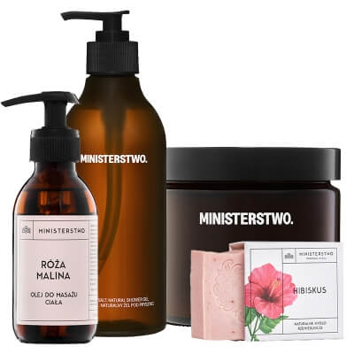 Ministerstwo Dobrego Mydła Rozmaryn + Sól + Śliwka + Róża-Malina + Hibiskus ZESTAW Żel pod prysznic 400 ml + Peeling cukrowy 300 g + Olej do masażu ciała 140 ml + Naturalne mydło 100 g