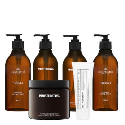 Ministerstwo Dobrego Mydła Shower Care Set ZESTAW Żel pod prysznic 4 x 400 ml + Peeling cukrowy 400 ml + Nawilżający balsam 250 ml