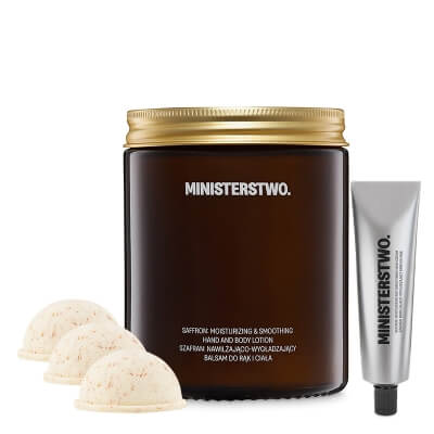 Ministerstwo Dobrego Mydła Szafran Body Beauty Set ZESTAW Półkula do kąpieli 60 g x 3 + Krem do rąk 50 ml + Odżywczy balsam do ciała 160 ml