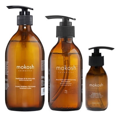 Mokosh Body Care Set ZESTAW Nagietek z owsem 90 ml + Nawilżający żel do mycia ciała - Drzewo sandałowe z bursztynem 500 g + Odżywczo-nawilżający żel do mycia t