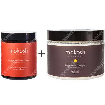 Mokosh Orange Cinnamon Body Care ZESTAW Brązujący balsam do ciała i twarzy 180 ml + Sól do kąpieli 600 g