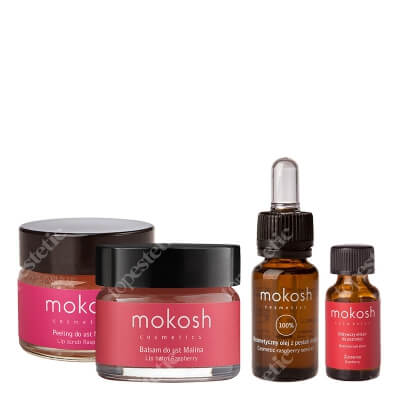Mokosh Cran-Rasberry KIt ZESTAW Peeling do ust - Malina 15 ml + Olej z pestek malin mini. 12 ml + Balsam do ust - Malina 15 ml + Eliksir do paznokci - Żurawina 10 ml
