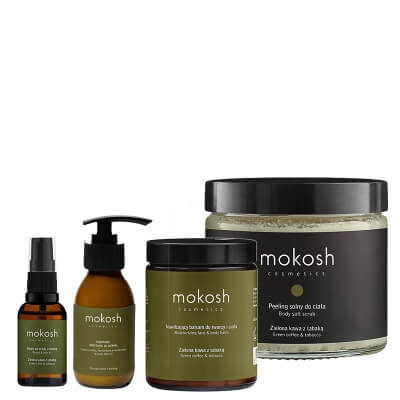 Mokosh Men\'s Care- Green Coffee and Tabacco ZESTAW Peeling solny do ciała 300 g + Balsam do ciała i twarzy 180 ml + Łagodzący krem po goleniu 90 ml + Oleje do brody i włosów 30 ml