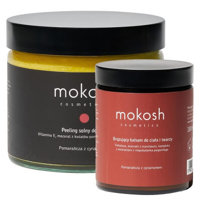 Mokosh Pomarańcza i Cynamon ZESTAW Peeling solny do ciała, Pomarańcza z cynamonem 300 g + Brązujący balsam do ciała i twarzy, Pomarańcza z cynamonem 180 ml