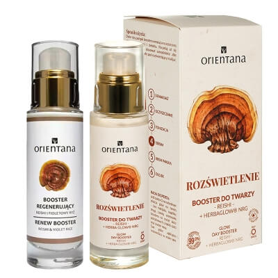 Orientana Glow Booster Reishi And Rhodiola + Renew Booster Reishi And Violet Rice ZESTAW Rozświetlający booster reishi i różeniec górski na dzień 30 ml + Regenerujący booster reishi i fioletowy ryż na noc 30 ml