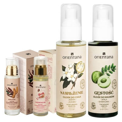 Orientana Oil Care ZESTAW Bio olejek do biustu 30 ml + Naturalny olejek do ciała 100 ml + Ajurwedyjski olejek do włosów 105 ml + Olejek do masażu twarzy 30 ml