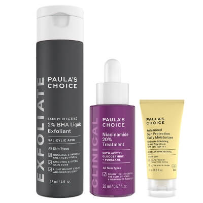 Paulas Choice Advanced Sun Protection Daily Moisturizer SPF 50 + Skin Perfecting 2% BHA Liquid + Clinical Niacinamide 20% Treatment ZESTAW Zaawansowany krem nawilżający na dzień 15 ml + Płyn złuszczający z 2% kwasem salicylowym 118 ml + Serum regenerujące 20 ml