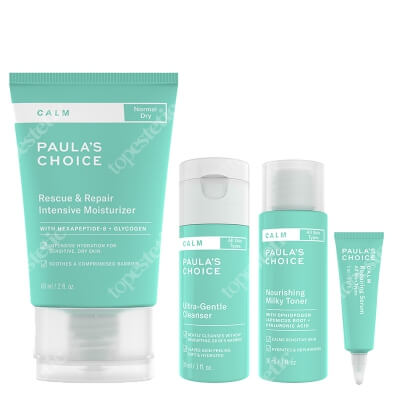 Paulas Choice Calm Skin Care Set ZESTAW Odżywczy mleczny tonik 30 ml + Serum naprawcze 5 ml + Bardzo delikatny żel myjący 30 ml + Krem nawilżający na noc 60 ml