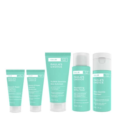 Paulas Choice Calm Travel Set ZESTAW Krem nawilżający 15 ml + Żel myjący 30 ml + Preparat złuszczający do skóry wrażliwej 30 ml + Tonik 30 ml + Krem na noc 15 ml