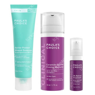 Paulas Choice Clinical and Calm Care ZESTAW Kuracja przeciwstarzeniowa 1% retinolu 5 ml + Odżywczy i ujędrniający krem do twarzy 50 ml + Delikatna, mineralna ochrona SPF 30 60 ml