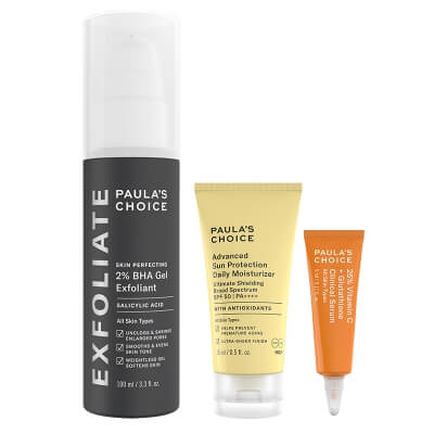 Paulas Choice Day Face Care ZESTAW Serum kliniczne z 25% wit. C 5 ml + Krem nawilżający na dzień 15 ml + Żel złuszczający z 2% kwasem salicylowym 100 ml
