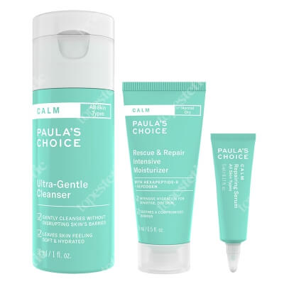 Paulas Choice New Calm Sensitive Travel Set ZESTAW Bardzo delikatny żel myjący 30 ml + Krem nawilżający na noc do skóry suchej 15 ml + Serum naprawcze z ceramidami i beta glucan 5 ml