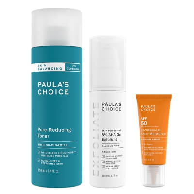 Paulas Choice Peel Balance and Moisture ZESTAW Żel złuszczający z 8% AHA 100 ml + Tonik zwężający pory 190 ml + Krem nawilżający z 5% witaminą C SPF 50 15 ml
