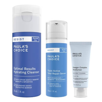 Paulas Choice Repair Omega Result ZESTAW Potrójnie aktywne serum naprawcze 30 ml + Odżywczy krem z kwasami Omega dla skóry suchej 15 ml + Lotion oczyszczający 30 ml