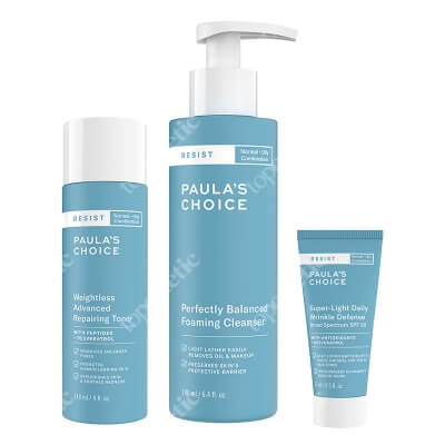 Paulas Choice Resist Day Care ZESTAW Pianka oczyszczająco-normalizująca 190 ml + Tonik normalizujący do skóry tłustej i mieszanej 118 ml + Lekki krem nawilżający 15 ml