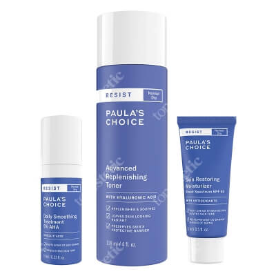 Paulas Choice Resist Skin Care ZESTAW Tonik wygładzający do skóry dojrzałej 118 ml + Antyoksydacyjny krem przeciwzmarszczkowy z filtrem 15 ml + Kuracja wygładzająca na dzie