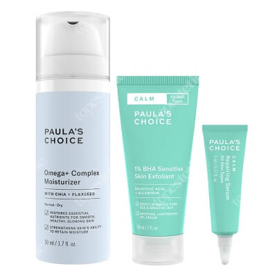 Paulas Choice Skin Exfoliant, Serum with Ceramides, Omega+ Complex ZESTAW Preparat złuszczający do skóry wrażliwej 30 ml + Serum naprawcze 5 ml + Intensywnie odżywczy krem z kwasami 50 ml