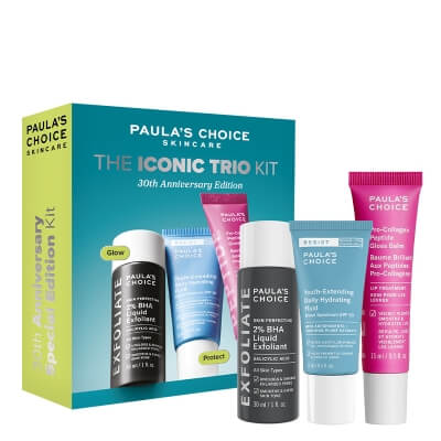 Paulas Choice The Iconic Trio Kit ZESTAW Płyn złuszczający z 2% kwasem salicylowym 30 ml + Fluid nawilżający 15 ml + Balsam do ust 15 ml