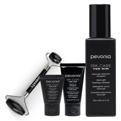 Pevonia Exclusive Collagen Men\'s Care ZESTAW Krem kolagenowy wygładzający kontur oka 30 ml + Żel do mycia twarzy 200 ml + Balsam kolagenowy do twarzy 50 ml + roller 1 szt