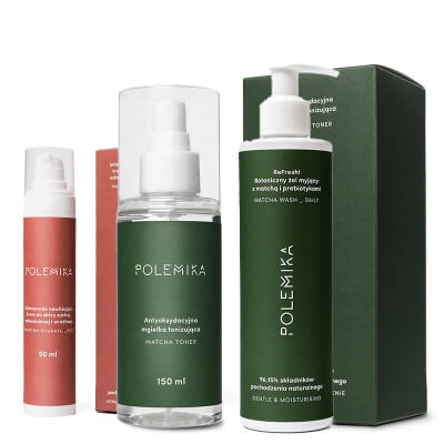 Polemika Matcha Toner + Matcha Hydrate Pro + Matcha Wash Daily ZESTAW Mgiełka 150 ml + Intensywnie nawilżający krem 50 ml + Żel myjący z matchą i prebiotykami 230 ml
