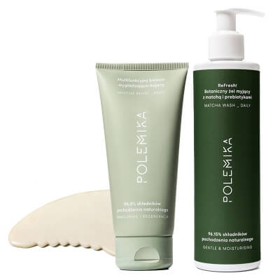 Polemika Matcha Wash Daily + Jadeit + Body Balm ZESTAW Żel myjący z matchą i prebiotykami 230 ml + Płytka gua sha do masażu ciała 1 szt + Balsam 200 ml