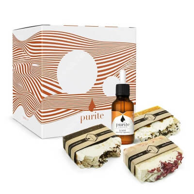 Purite Gift Set of Soap Bars ZESTAW Mydło - Kawa z cynamonem 100 g + Mydło - Róża 100 g + Mydło - Dynia Hokkaido 100 g + Eliksir 10 ml