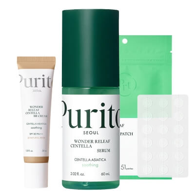 Purito Seoul Wonder Releaf Centella Skin ZESTAW Łagodzące serum 60 ml + Plastry do stosowania punktowo 51 szt + BB Krem (kolor 23 Natural Beige) 30 ml
