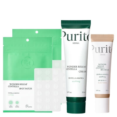 Purito Seoul Wonder Releaf Skin ZESTAW Łagodzący krem 50 ml + Krem BB SPF 30 PA+++ ( kolor 21 Light Beige) 30 ml + Plastry do stosowania punktowo 2x 51 szt