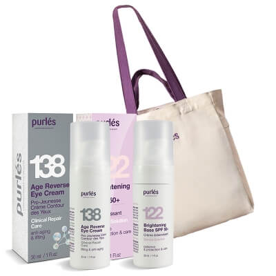 Purles Age Reverse Eye Cream + Brightening Base SPF 50+ + Torba Purles ZESTAW Krem na okolice oczu 30 ml + Rozświetlająca baza 30 ml + Bawełniana torba plażowa 1 szt