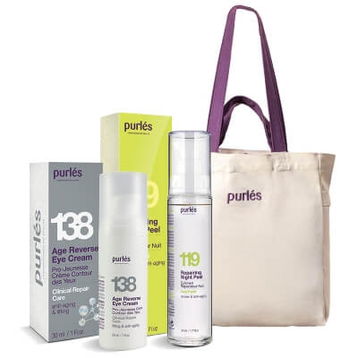 Purles Age Reverse Eye Cream + Repairing Night Peel + Torba Purles ZESTAW Krem na okolice oczu 30 ml + Krem eksfoliujący 50 ml + Bawełniana torba plażowa 1 szt