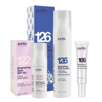 Purles Brightening Base SPF 50+ + HyalurOxy Rich Cream + BotoxLike Face Cream Travel GRATIS ZESTAW Rozświetlająca baza 30 ml + Bogaty krem hyalurOxy 50 ml + Liftingujący krem do twarzy 15 ml