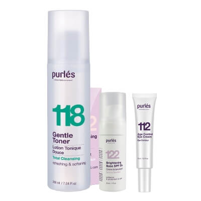 Purles Brightening Base SPF 50+ + Toner + Eye Cream Travel GRATIS ZESTAW Rozświetlająca baza 30 ml + Delikatny tonik 200 ml + Przeciwzmarszczkowy krem na okolice oczu 10 ml
