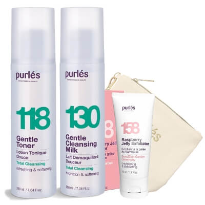 Purles Cleansing Milk + Gentle Toner + Raspberry Jelly Exfoliator + Kosmetyczka ZESTAW Mleczko 200 ml + Tonik 200 ml + Maska 50 ml + Kosmetyczka beżowa 1 szt