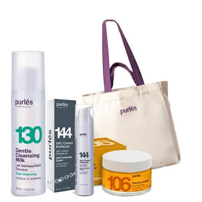 Purles Cleansing Milk + Precious Exfoliator + VitC Cream Perfector + Torba Purles ZESTAW Mleczko 200 ml + Peeling żelowy 50 ml + Krem 50 ml + Bawełniana torba plażowa 1 szt