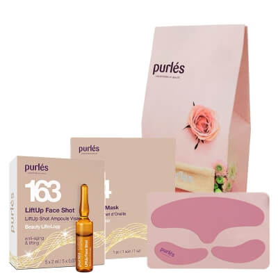Purles Ear-Hook Mask + Lift Up Face Shot + Eye Patches + Opaska Kosmetyczna ZESTAW Maska 1 szt + Napinająca ampułka 5 x 2 ml + Płatki pod oczy i na czoło 1 szt + Opaska 1 szt