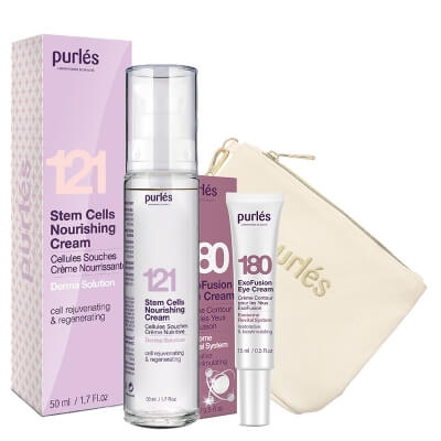 Purles ExoFusion Eye Cream + Stem Cells Nourishing Cream ZESTAW Krem pod oczy z egzosomami 15 ml + Odżywczy krem z komórkami macierzystymi 50 ml + Kosmetyczka beżowa 1 szt