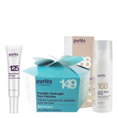 Purles Lifting and Shine Set ZESTAW Płatki peptydowe pod oczy 60 szt + Baza liftingująco-rozświetlająca 30 ml + Lekki krem HyalurSoft 15 ml