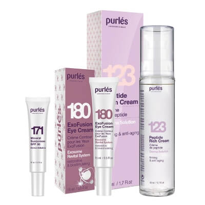 Purles Nutrition and Protection Set ZESTAW Krem pod oczy z egzosomami 15 ml + Odżywczy krem peptydowy 50 ml + Mineralny filtr przeciwsłoneczny 10 ml