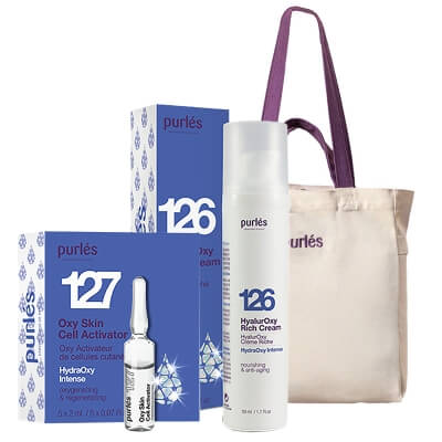 Purles Oxy Skin Cell Activator + HyalurOxy Rich Cream + Torba Purles ZESTAW Ampułki 5 x 2 ml + Krem odżywczy 50 ml + Bawełniana torba plażowa 1 szt