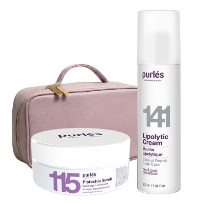 Purles Pistachio Scrub + Lipolytic Cream + Kosmetyczka ZESTAW Peeling 160 ml + Krem antycellulitowy 200 ml + Kosmetyczka ze skóry ekologicznej (kolor zgaszony róż) 1 szt