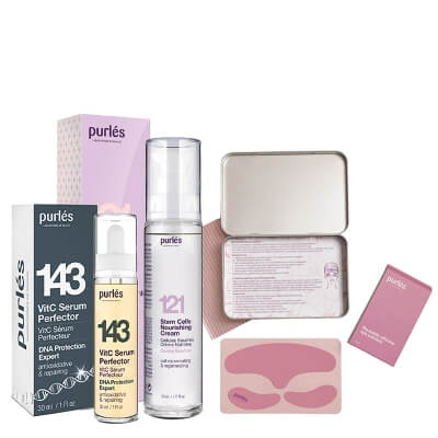Purles Serum Perfector + Nourishing Cream + Reusable Silicone Eye Patches ZESTAW Serum 30 ml + Odżywczy krem 50 ml + Silikonowe płatki pod oczy i na czoło 1 szt