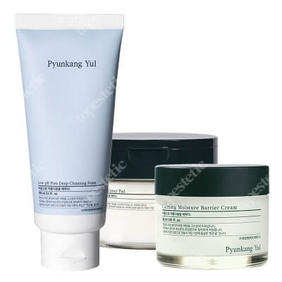 Pyunkang Yul Low and Calm Skin Care ZESTAW Pianka do mycia twarzy 100 ml + Płatki bawełniane nasączone kojącą esencją 70 szt + Łagodzący krem do twarzy 50 ml