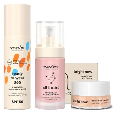 Resibo All I Mist + Bright Now + Ready to Wear 365 SPF 50 ZESTAW Mgiełka rozświetlająca 30 ml + Krem pod oczy 15 ml + Krem SPF 50 50 ml