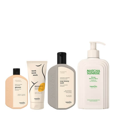 Resibo Easy Breezy + Glossom + Matcha Sunrise + Work Work Work ZESTAW Szampon 250 ml + Maska olejowa 100 g + Żel pod prysznic 350 ml + Balsam ujędrniający 200 ml
